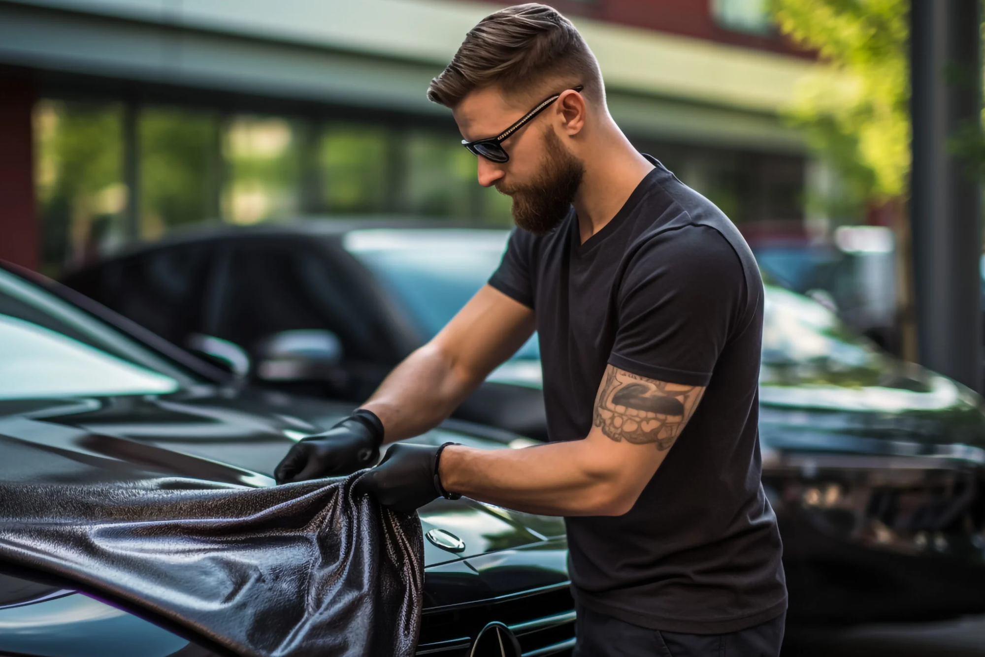 Mężczyzna nakłada folię ppf na auto